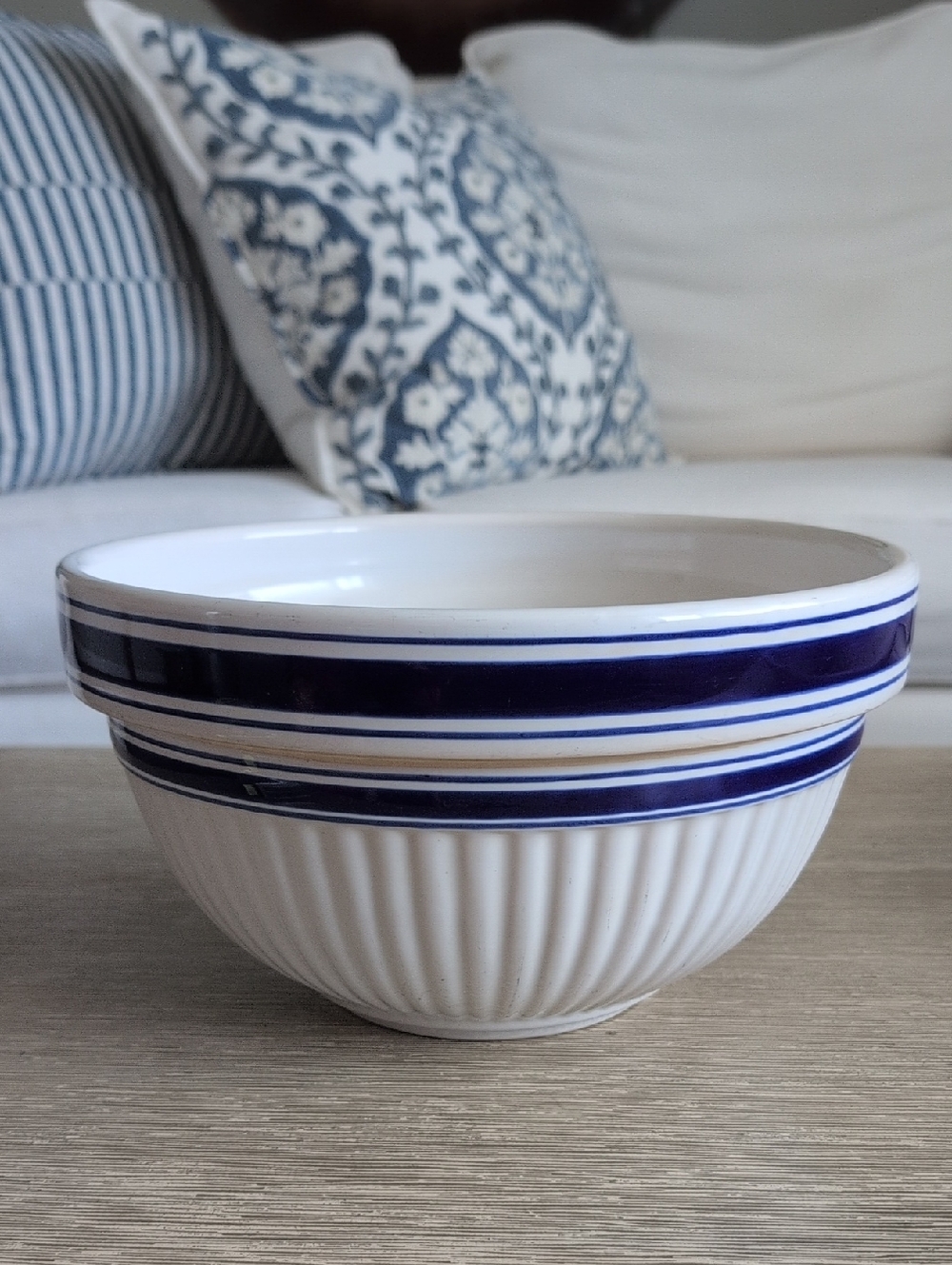 Vintage Large 10" Stoneware Bread Bowl Mixing Bowl with Blue Stripes